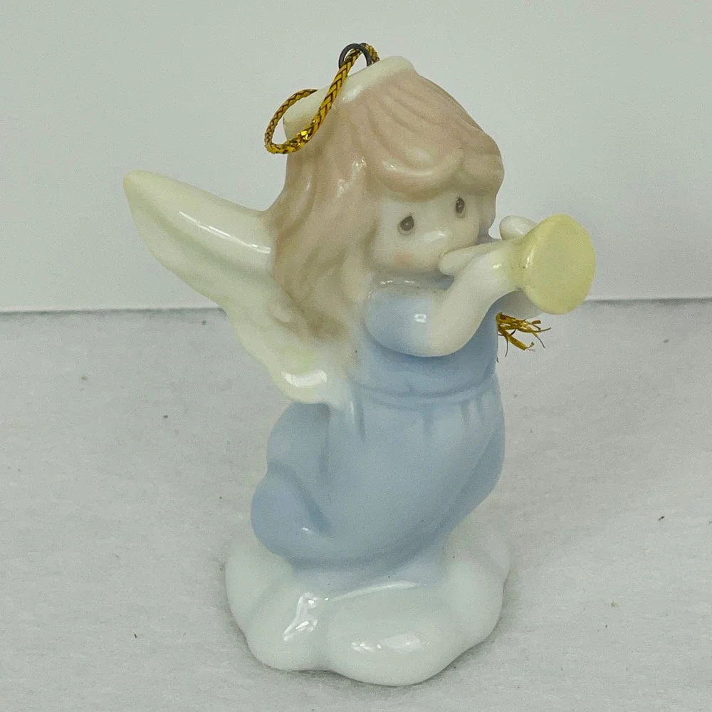 Precious Moments Angel Playing Trumpet Porcelain Christmas Ornament Blue Gown